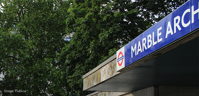 Outdoor Marble Arch station sign and trees