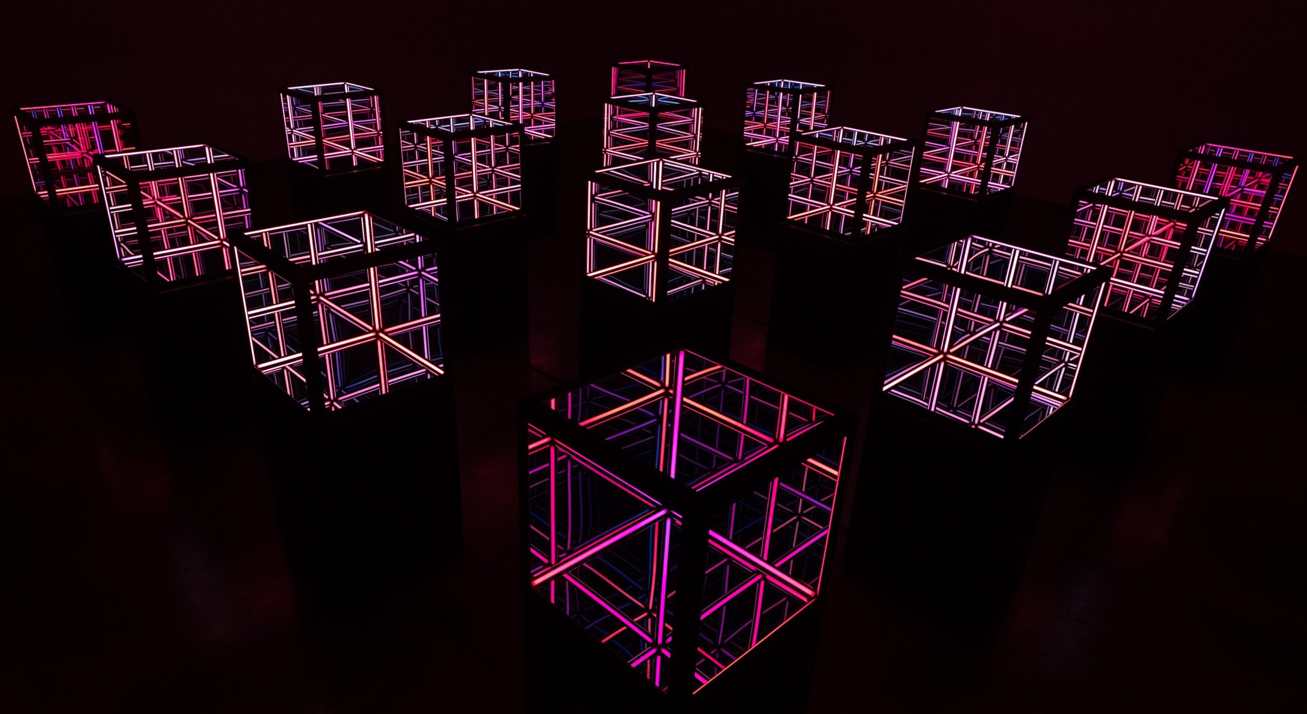 Purple light cubes in a dark room